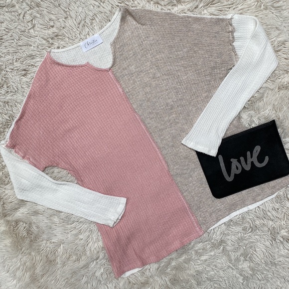 Christie Jenny Boston Waffle Notch Collar Waffle Top 💗 Pink Oatmeal & White - Picture 3 of 15